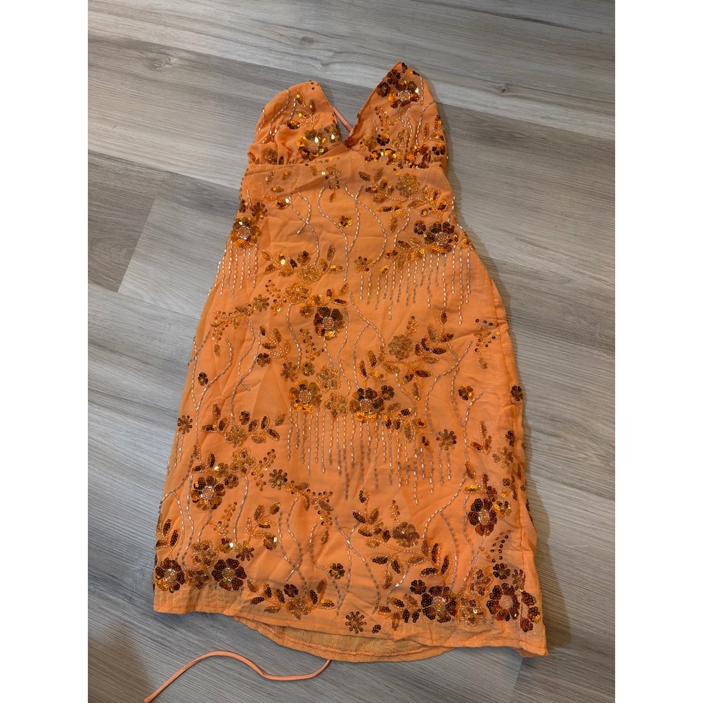 Orange Floral Beaded Sequin Mini Dress Lace Up Back Summer Party Festival